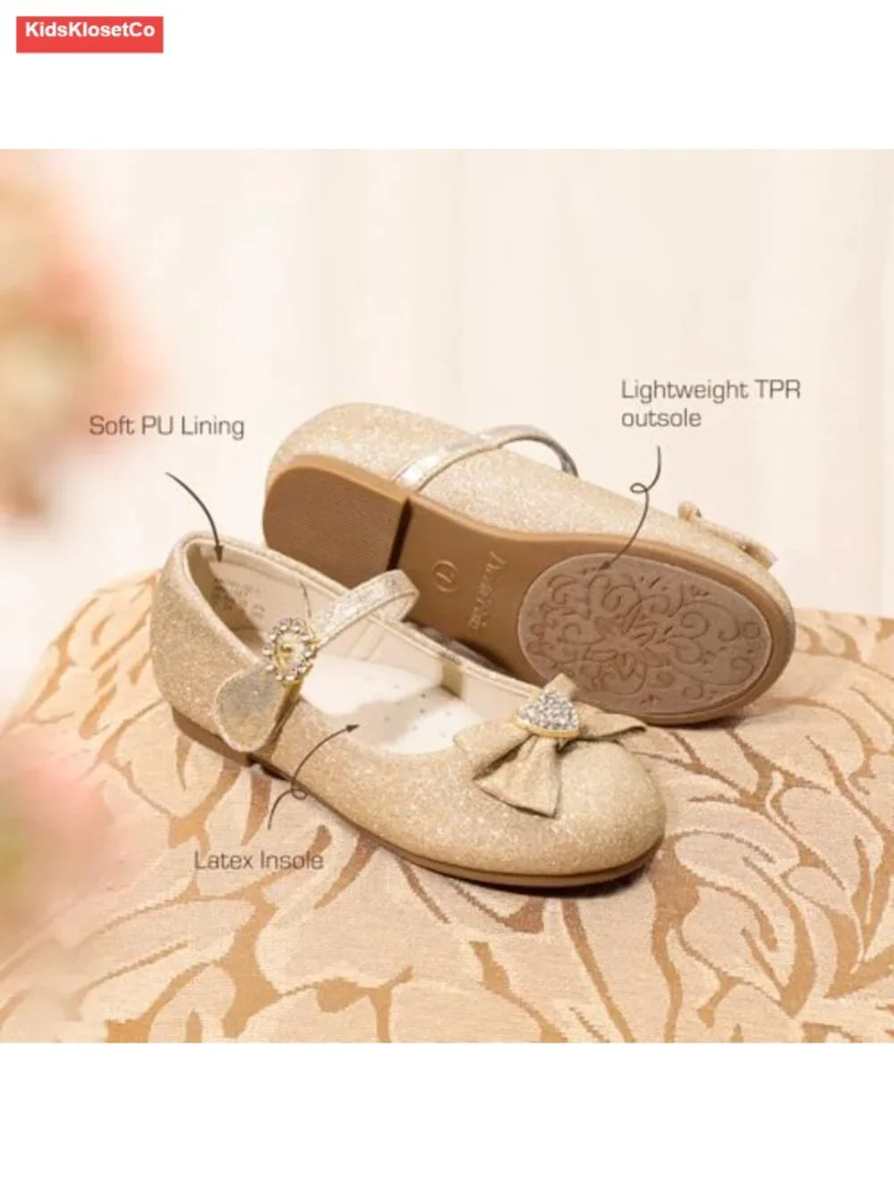 Girls Mary Jane Bow Ballet Flats with Rhinestone Front Bow Glitter Finish Hook